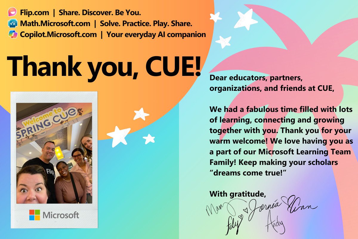 ✨@cueinc we are so grateful for YOU #CUEmmunity! 🌴 Sharing @MSFTCopilot, @MicrosoftMath, and Flip was a joy! If you were at #SpringCUE or not, find everything here: flip.com/CUE2024 🎉 💖 @mary_halv @Savvy_Educator @annkozma723 @FelyTeachnology @MrCoachK15 #FlipForAll