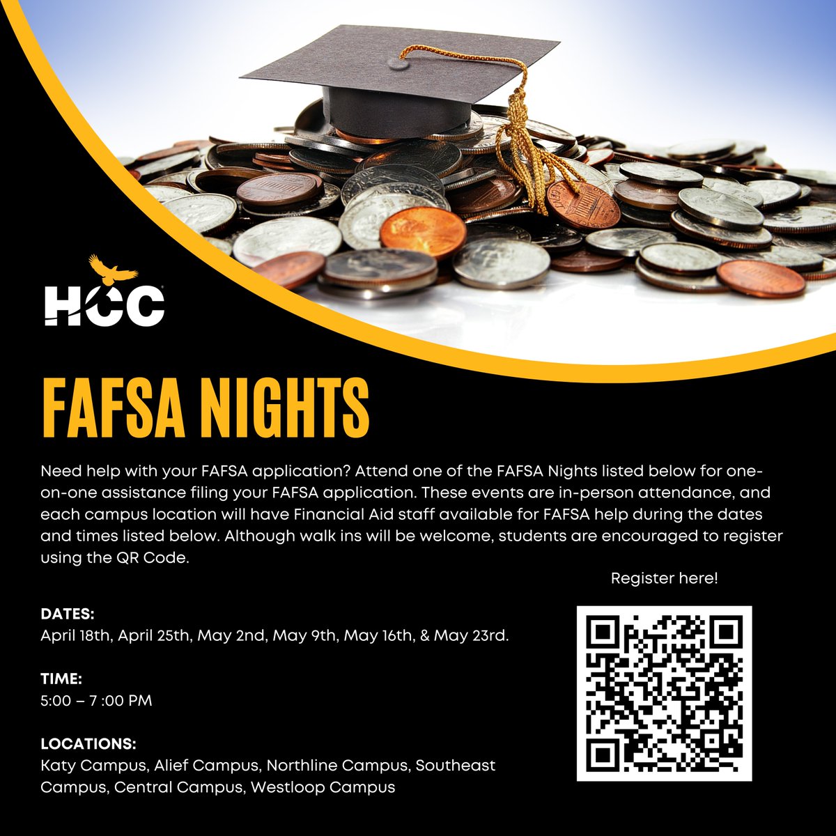 Looking for help with your FAFSA application? Financial Aid is hosting in-person FAFSA Nights in April & May. Use the QR Code to register for a campus location #finaid #fafsa