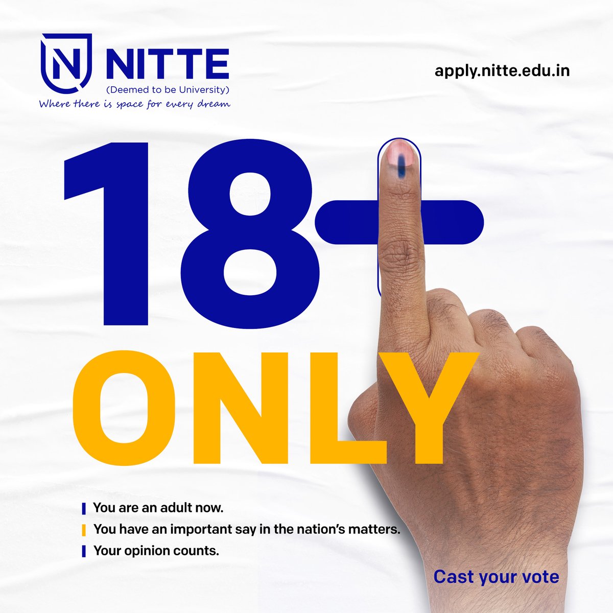 Congratulations on being a first-time voter.

Take this opportunity to show you care for your country.

Cast your vote.

#NitteUniversity #vote #voting #votingtime #votevotevote #vote2024 #dovote #votingrights #votingmatters #votingrightsact #votingday #votingpower #topicalspot
