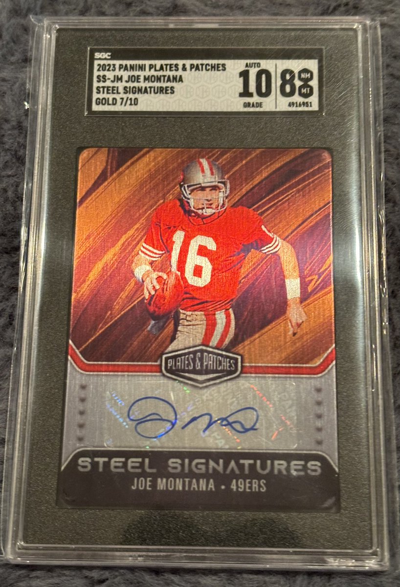 PigskinPC's tweet image. Stack Sale Post #151

Joe Montana 2023 Panini Plates &amp;amp; Patches Gold Auto /10

$200

Comment “Take” and it’s yours! $1 PWE $5 BMWT. Stack until Wednesday 5/1 #StackAttack #TheHobbyFamily