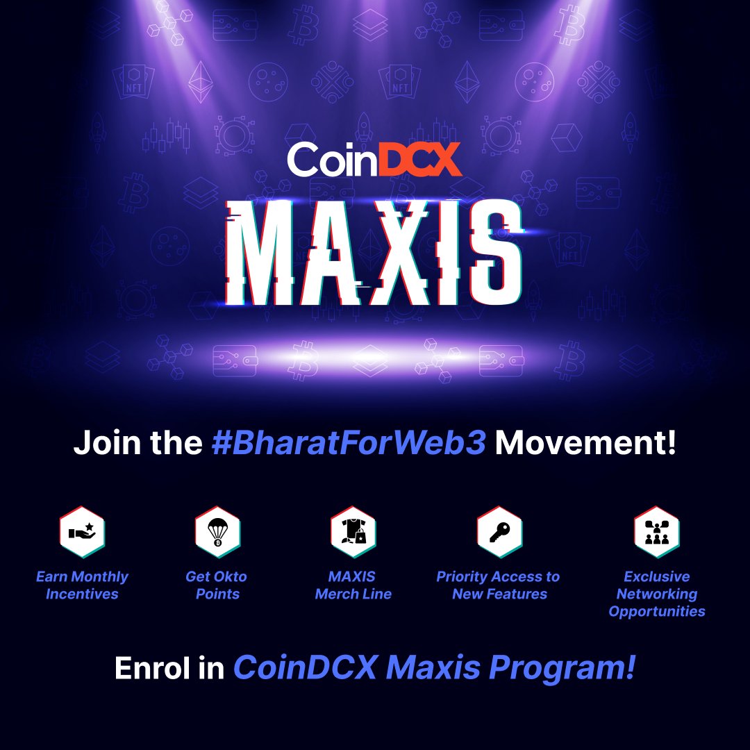 The program you all were waiting for!!! Join CoinDCX's Maxis ambassador program and be a part of #BharatForWeb3 Movement. 🟢 Monthly Rewards up to $400 💰 🟢 Blue Tick on X ✔️ 🟢 Priority Access to New Features ⚡ 🟢 Higher levels, bigger rewards, signature merch, and more.…