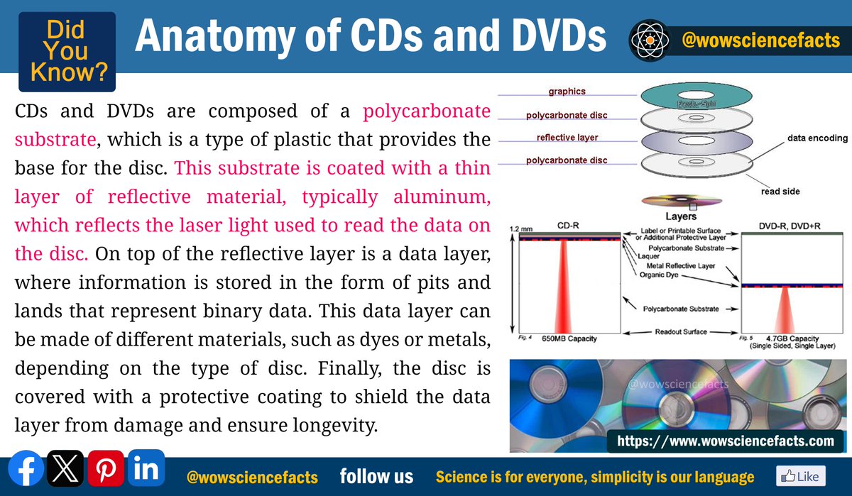 Anatomy of CDs and DVDs.
𝐌𝐨𝐫𝐞 𝐬𝐜𝐢𝐞𝐧𝐜𝐞 𝐚𝐫𝐭𝐢𝐜𝐥𝐞𝐬 𝐟𝐫𝐨𝐦: 👇
wowsciencefacts.com
#CDanatomy #DVDanatomy #Opticaldisc #Datastorage  #Lasertechnology #Polycarbonateplasticbase  #Datalayer  #Reflectivelayer  #Pits #science #scienceexperiment #sciencehumor