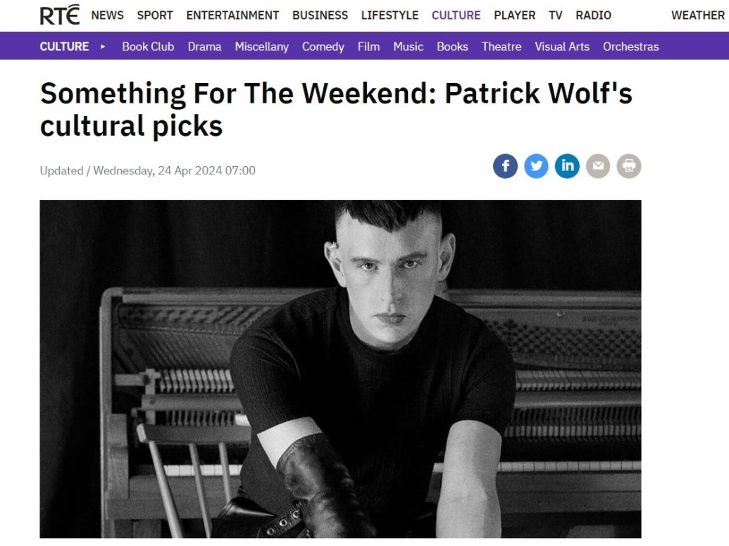 UK songwriter Patrick Wolf brings his 'Crown of Stars' tour to the National Concert Hall on 10th May! Before his performance he talked to Something for the weekend about his top cultural picks. Read now: rte.ie/culture/2024/0…