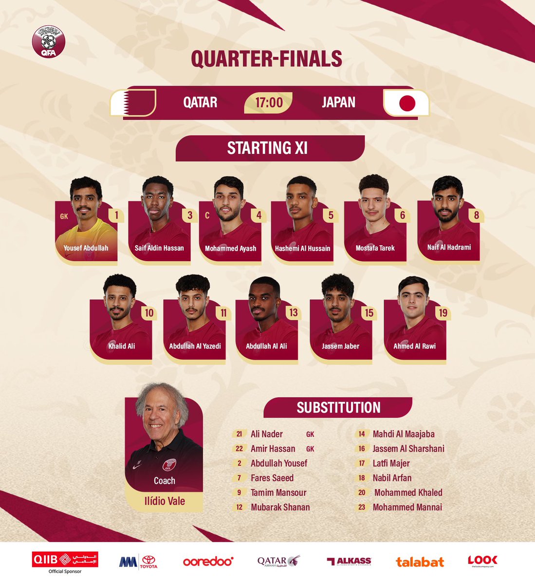 📄 - Our official lineup 🇶🇦 for the quarter-final match against Japan🏆. #AlAnnabi #RoadToParis