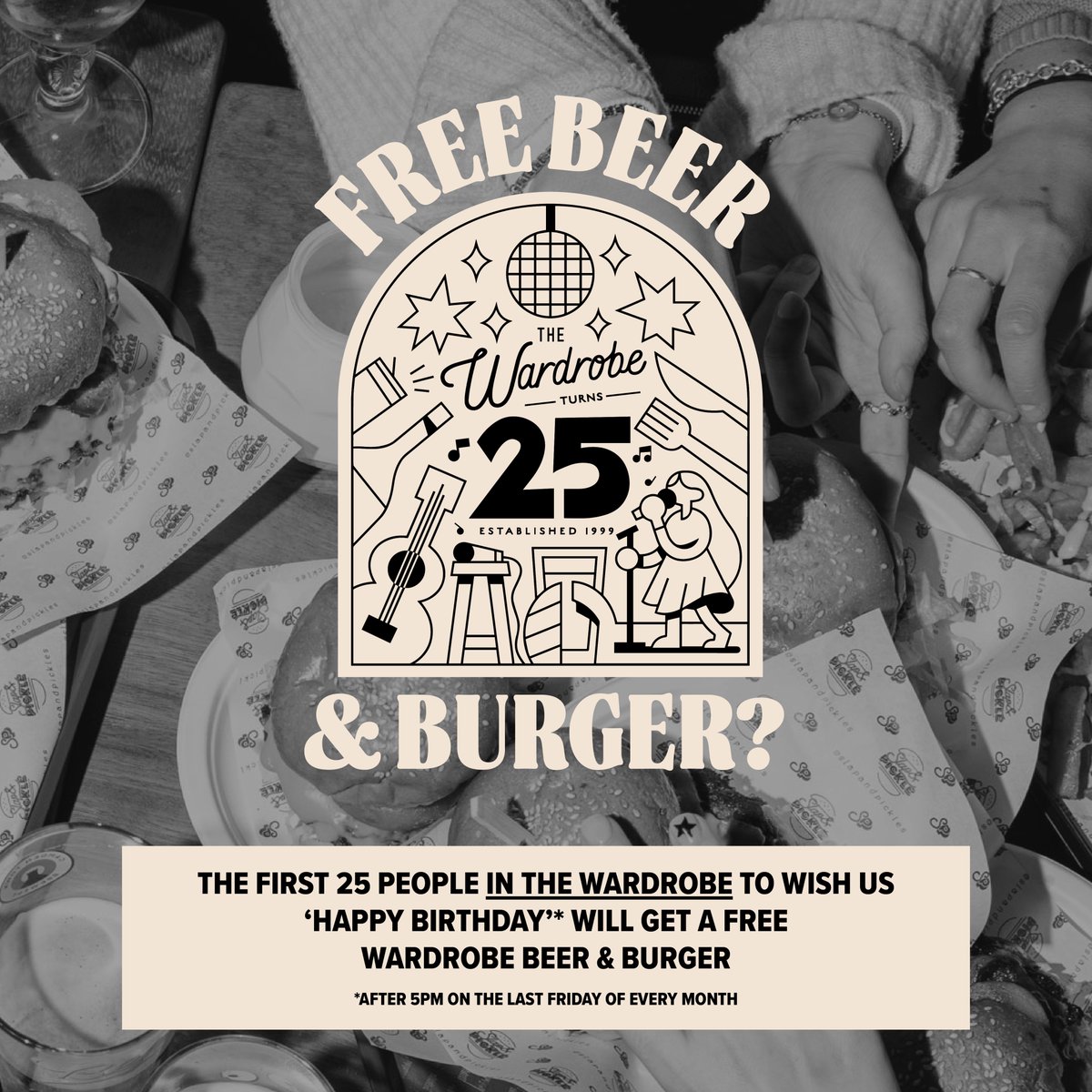 📣 FREE BURGERS & PINTS! 📣 The first 25 people to stop by after 5pm tomorrow who wish us happy birthday at the bar get themselves a free burger and pint - it's that simple! 🍔🍺