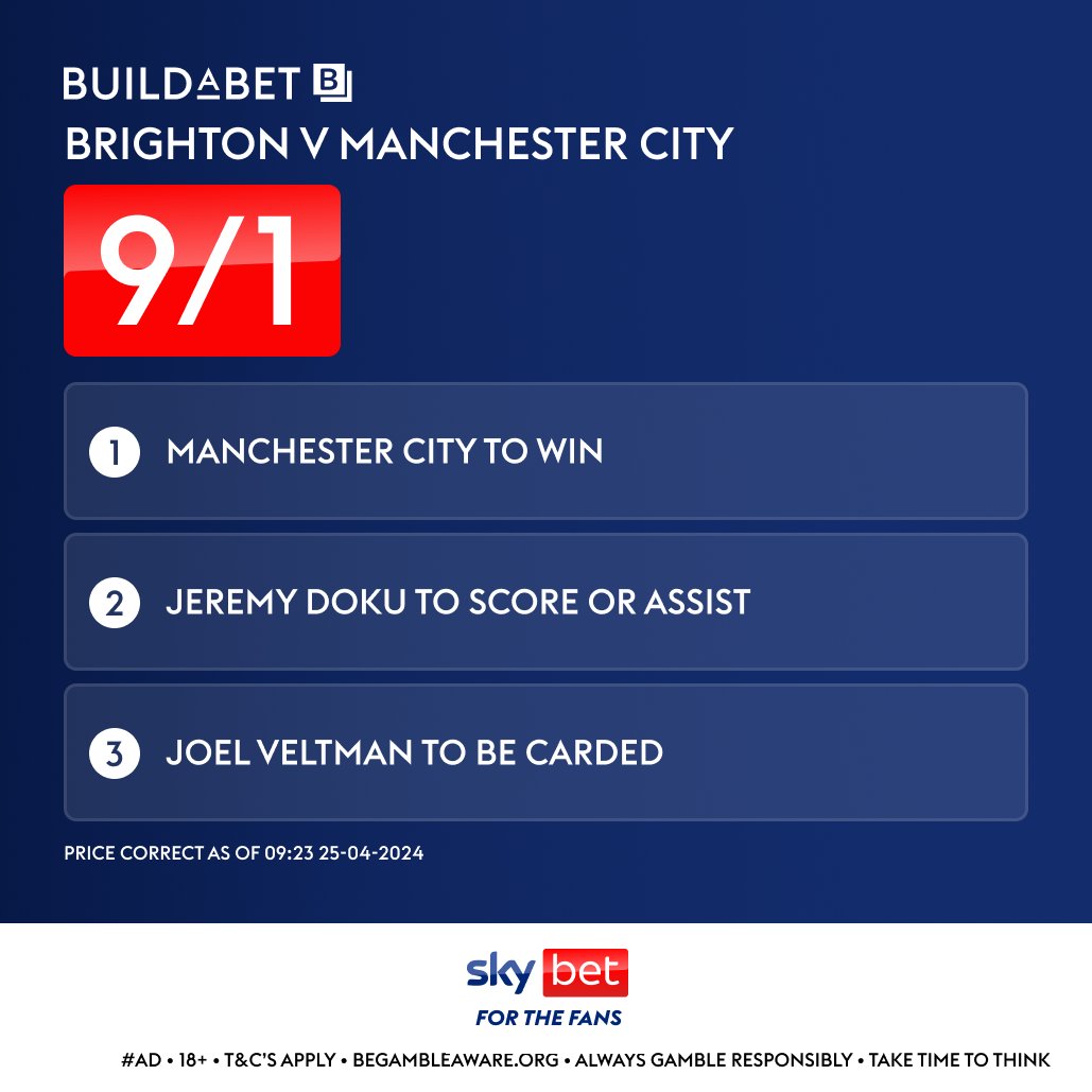 🔵 BRIGHTON VS. MANCHESTER CITY BUILDABET 🔵

Priced @ 9/1, back it here 👇
footyaccums.bet/BRIvMCIBAB2504…

✅ Man City to win
⚽️ Doku to score OR assist
🟨 Veltman card

#Ad 18+ BeGambleAware