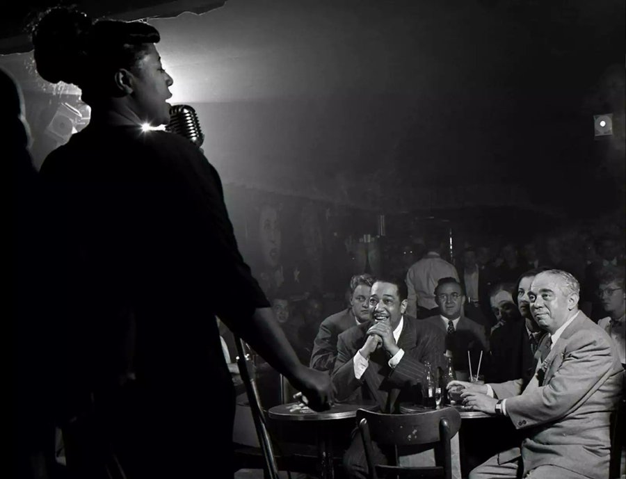 Ella Fitzgerald, Duke Ellington, Benny Goodman, Downbeat Club, 52nd St., NYC, 1948 • Herman Leonard •