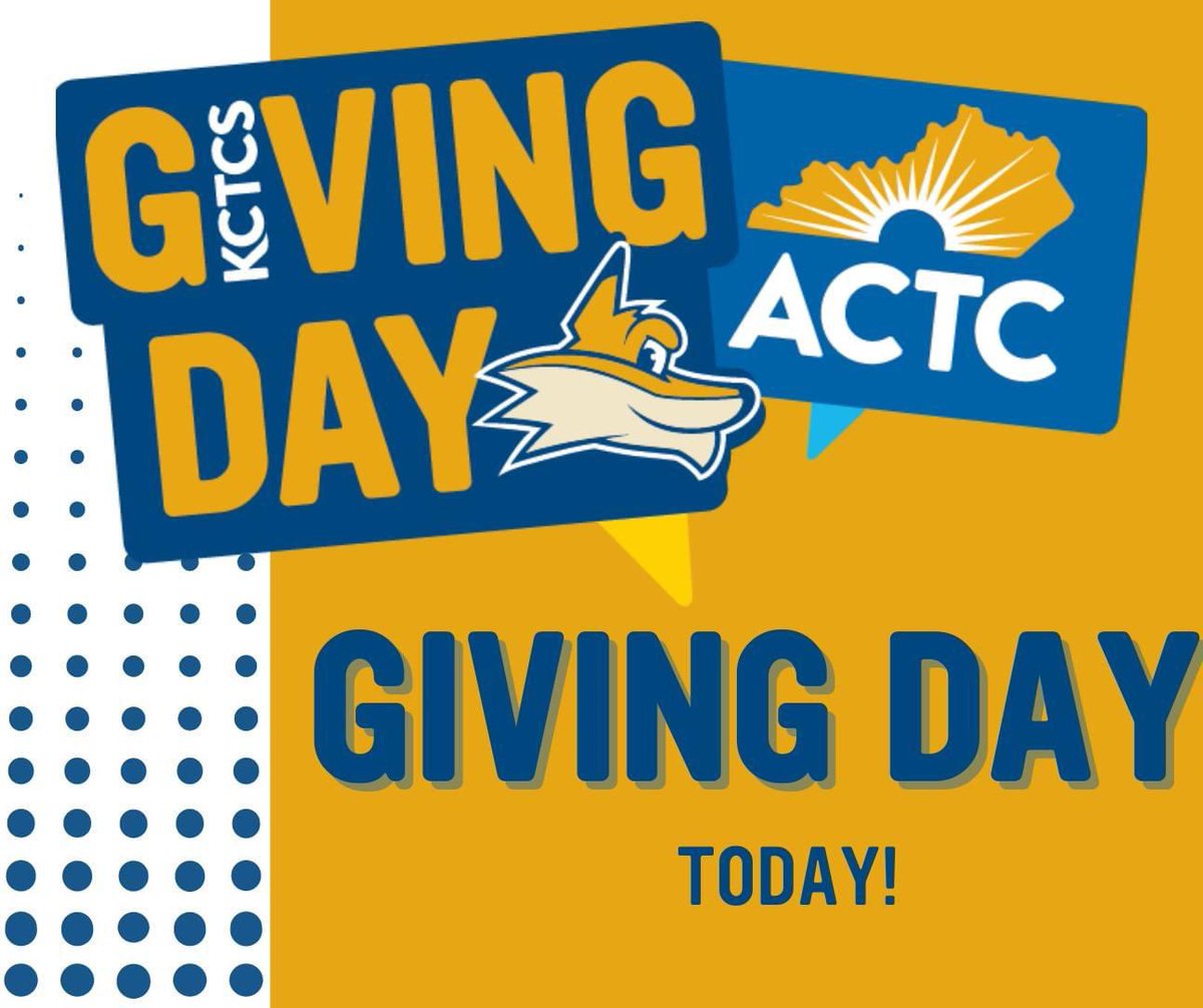 🎉Today's the day!🎉

It's Giving Day at ACTC! Today you have the chance to make a lasting impact for students across the Commonwealth! 

Click the link to make your donation NOW and be sure to spread the word! alumni.kctcs.edu/g/ashland-givi… 

#KCTCSGivingDay #ACTCProud