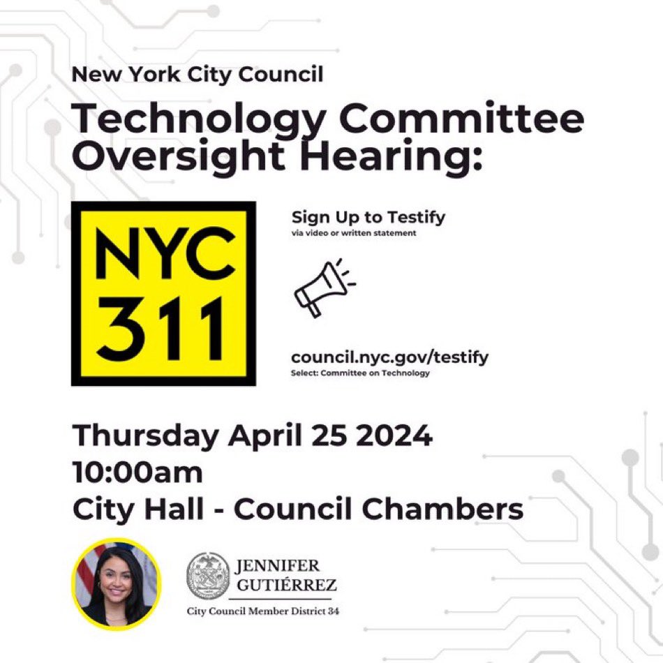 The Tech Committee takes on 311 this morning! Have thoughts? Suggestions? 👉 Sign up to testify via video or submit a written statement at council.nyc.gov/testify 🔍 Select: Committee on Technology