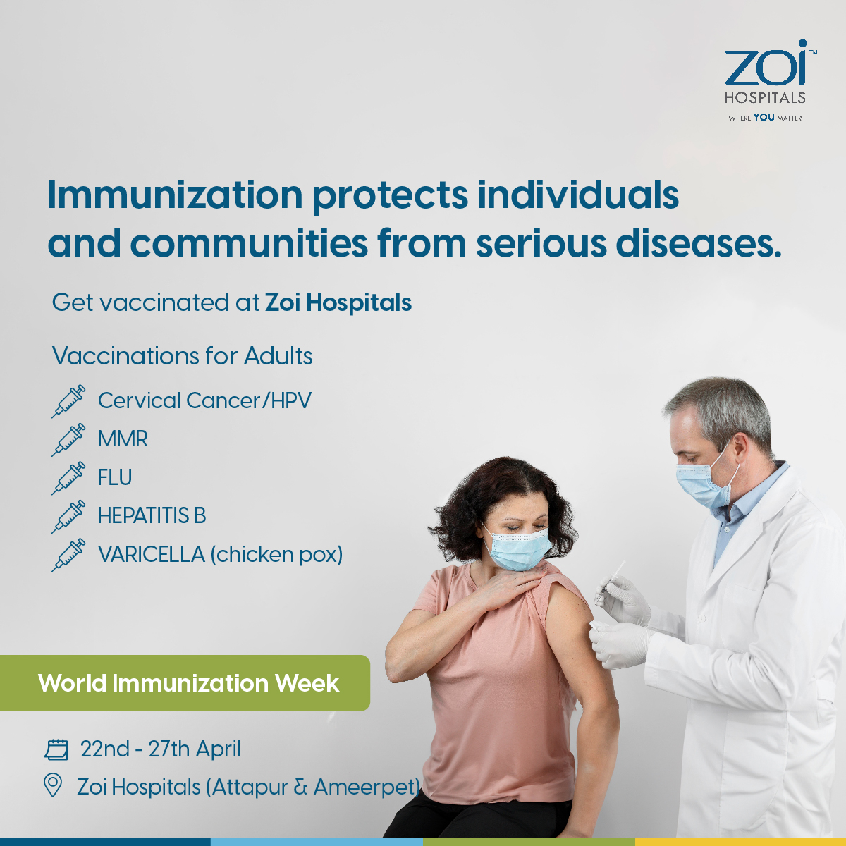 This #WorldImmunizationWeek @ZoiHospitals, come visit us to join the fight against preventable diseases. Visit the link below to learn about the recommended vaccinations for your age. #ZoiAttapur #ZoiAmeerpet #Vaccine #GetVaccinated zoihospitals.com/l/world-immuni…