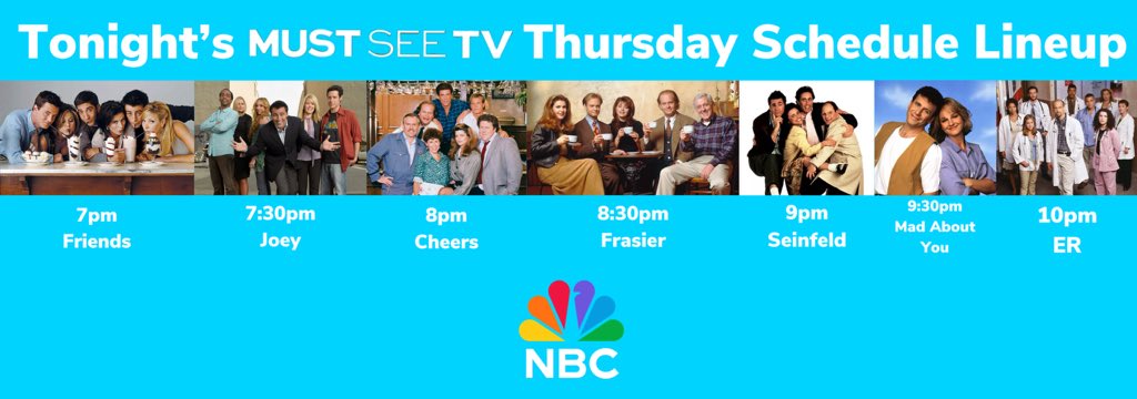 What’s on tonight’s #MustSeeTV Thursday we got #Friends, #Joey, #Cheers, #Frasier, #Seinfeld, #MadAboutYou and a bonus drama show #ER so watch it starting at 7pm here on #NBC! 🙂😎🕶️🛋️📺
@FriendsTV #FriendsTV @SeinfeldTV @madaboutyoutv #ERTV @nbc #NBCTV