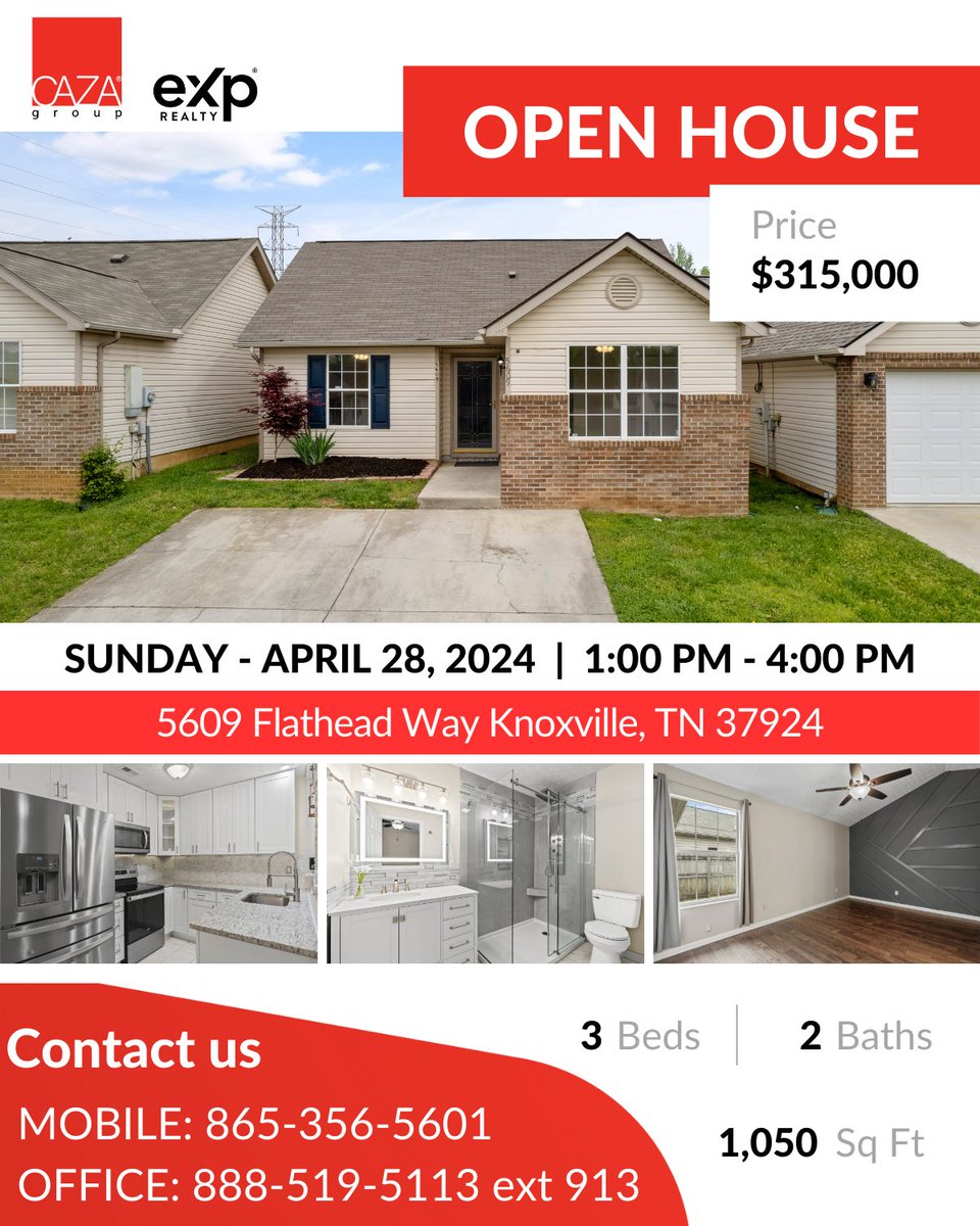 #OpenHouse   
4/28 SUNDAY  
1:00-4:00PM  
🏠in #Knoxville TN 37924 5609 Flathead Way  

3🛏️ 2🛁

#RavingFans #homebuying and #Homeselling #SatisfactionGuaranteE #RealEstate   
Click here  thecazagroup.com