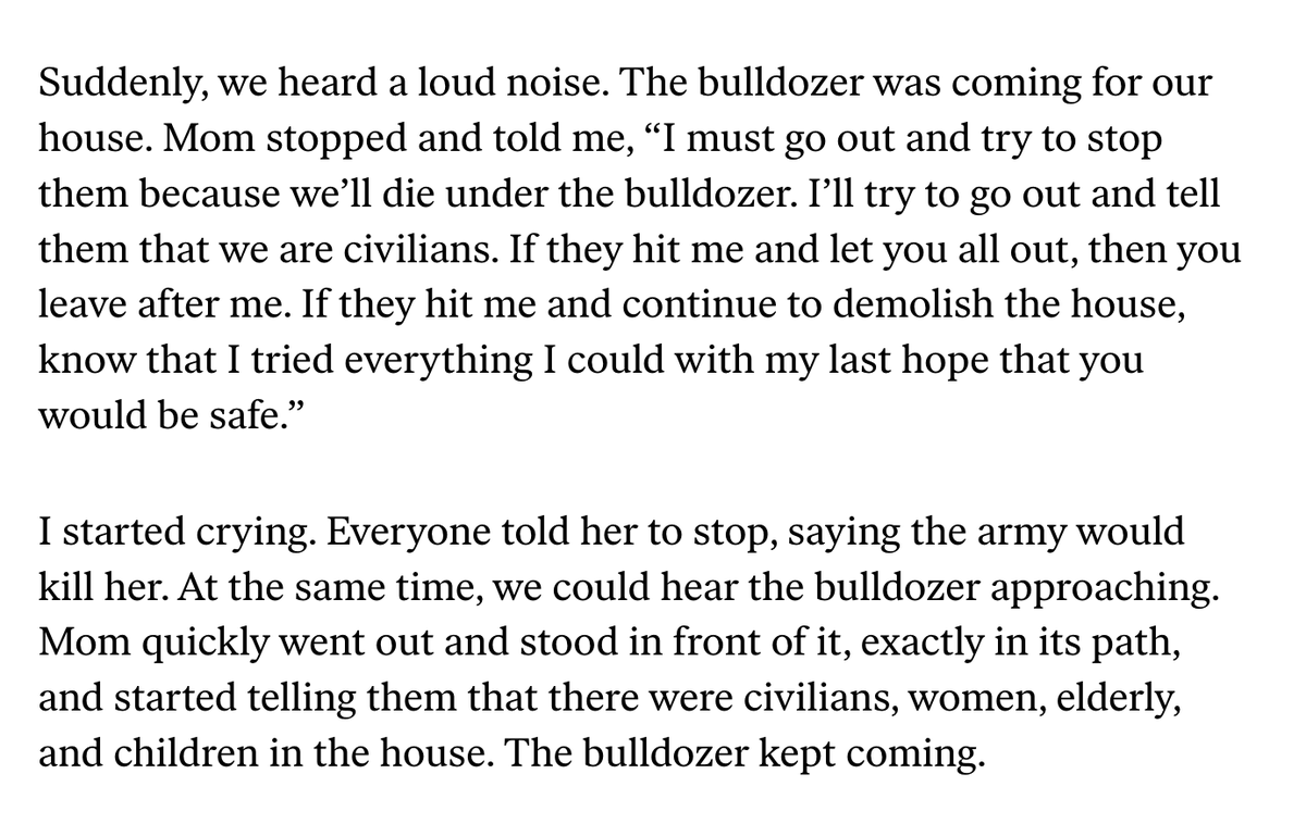 Extraordinary testimony from a teenage Palestinian girl on what happened when the Israeli army started bulldozing the homes they were sheltering in, with people still inside. thenation.com/article/world/…