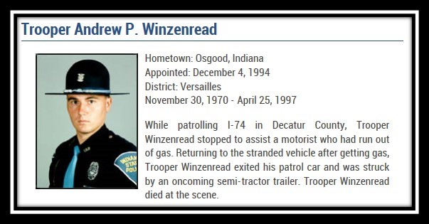 Today’s date in history, April 25, 1997, @IndStatePolice lost Tpr. Andrew Winzenread in the line-of-duty. #ISPremembers in.gov/isp/2336.htm