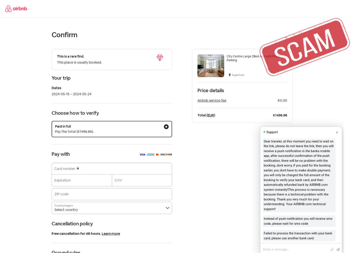 Planning your summer getaway? Watch out for @Airbnb scams. Scammers impersonate Airbnb hosts, requesting payment verification for your reservation. These messages from the host can lead to fake sites aimed at stealing credit card information. #Airbnb #Scamalert