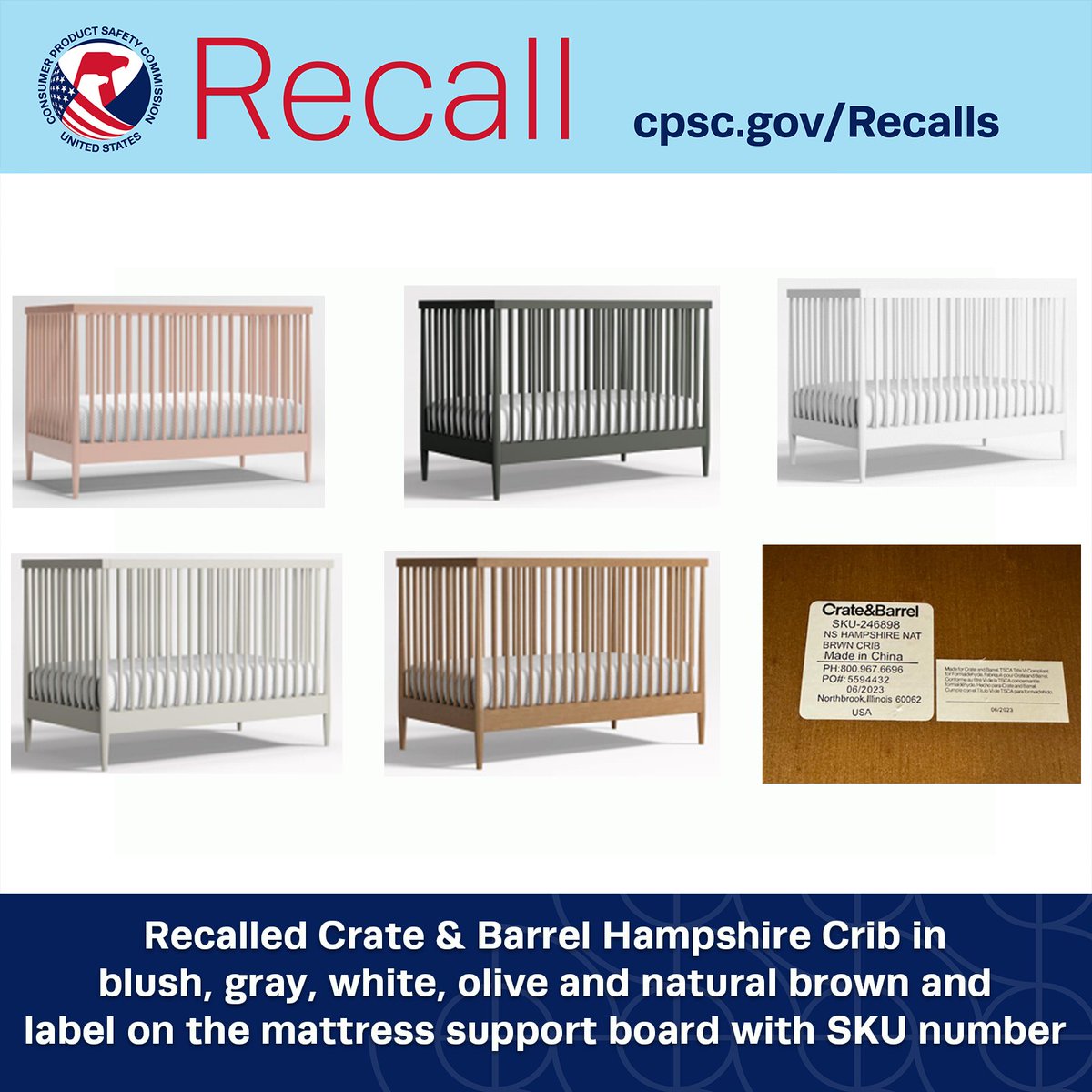 #RECALL: @CrateandBarrel Recalls Hampshire Cribs Due to Fall Hazard. The mattress support pins can become loose & allow the mattress to fall, posing a fall hazard to children. Get a repair or refund. CONTACT: 800-967-6696 or crateandkids.com.

cpsc.gov/Recalls/2024/C…