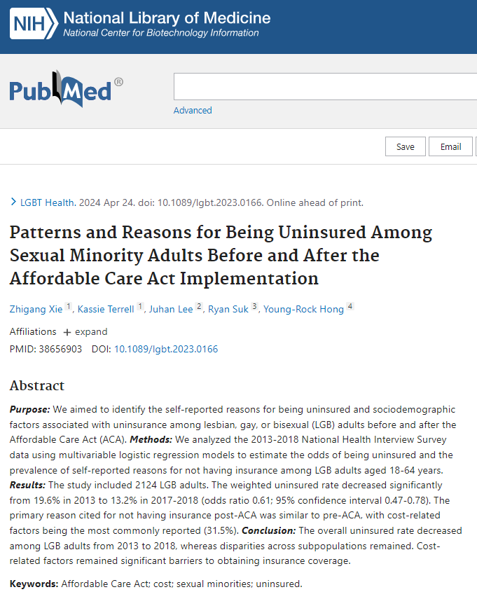 Thrilled to unveil our latest article in #LGBTHealth: Patterns and Reasons for Being Uninsured Among Sexual Minority Adults Before and After ACA. Huge shoutout to our incredible collaborators <a href="/YoungRock_H/">Young-Rock Hong</a>   <a href="/ryansuk_health/">Ryan Suk (석리언), PhD 🇰🇷</a> <a href="/juhan_john/">John Lee, PhD</a>  and Dr. Terrell <a href="/unfbrookshealth/">@unfbrookshealth</a> 🌈🏳️‍🌈
