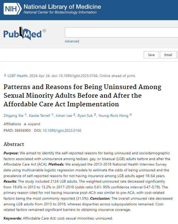 Thrilled to unveil our latest article in #LGBTHealth: Patterns and Reasons for Being Uninsured Among Sexual Minority Adults Before and After ACA. Huge shoutout to our incredible collaborators @YoungRock_H   @ryansuk_health @juhan_john  and Dr. Terrell @unfbrookshealth 🌈🏳️‍🌈