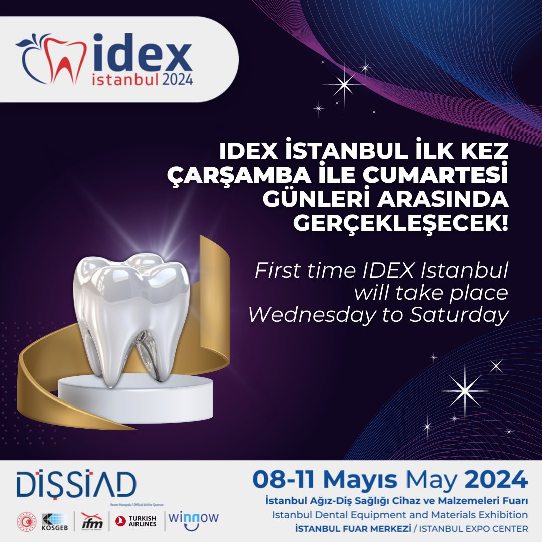 IDEX İstanbul ilk kez Çarşamba ile Cumartesi günleri arasında gerçekleşecek! 

📍İstanbul Fuar Merkezi
📌 08 - 11 Mayıs 2024
🎟️ online.idex.org.tr

#idex #8May #idexistanbul #dental #diş #dişhekimi #fuar #exhibition #implant #dentalequipment #teeth