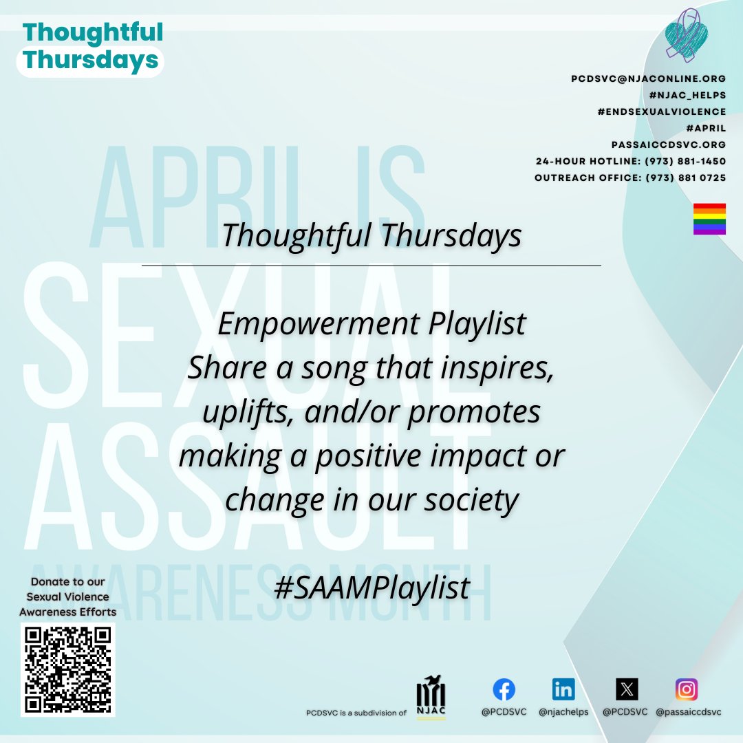 Share a song that is a positive impact and/or is a change in our society.  
Use the hashtag #SAAMPlaylist with your song posting.

#SAAM2024 #buildingconnectedcommunities #buildingacommunityofhope
#passaiccountynj #patersonnj #endsexualviolence #nonprofit #newjersey #njac_helps