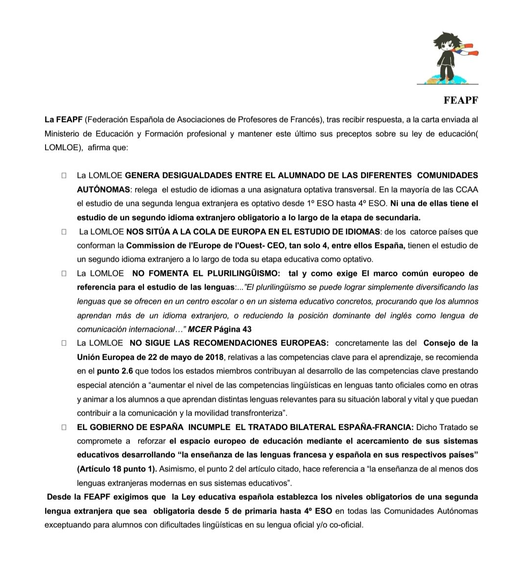feapf's tweet photo. Tras la reunión virtual con el Ministerios de Educación y su respuesta recibida por correo ordinario, os dejamos el comunicado de la FEAPF #segundalenguaextranjera https://t.co/rqALub1p7b