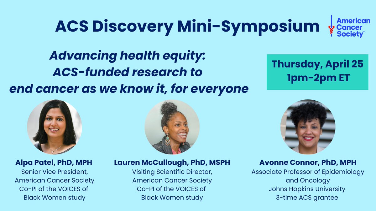 ACS Research (@acs_research) on Twitter photo Health equity research leaders, breast cancer disparities in survivorship, and the VOICES of Black Women, the new population cohort study by <a href="/AmericanCancer/">American Cancer Society</a>.
Tune in today for an <a href="/ACS_Research/">ACS Research</a> mini-symposium at 1pm ET:
us06web.zoom.us/meeting/regist… Health equity research leaders, breast cancer disparities in survivorship, and the VOICES of Black Women, the new population cohort study by <a href="/AmericanCancer/">American Cancer Society</a>.
Tune in today for an <a href="/ACS_Research/">ACS Research</a> mini-symposium at 1pm ET:
us06web.zoom.us/meeting/regist…