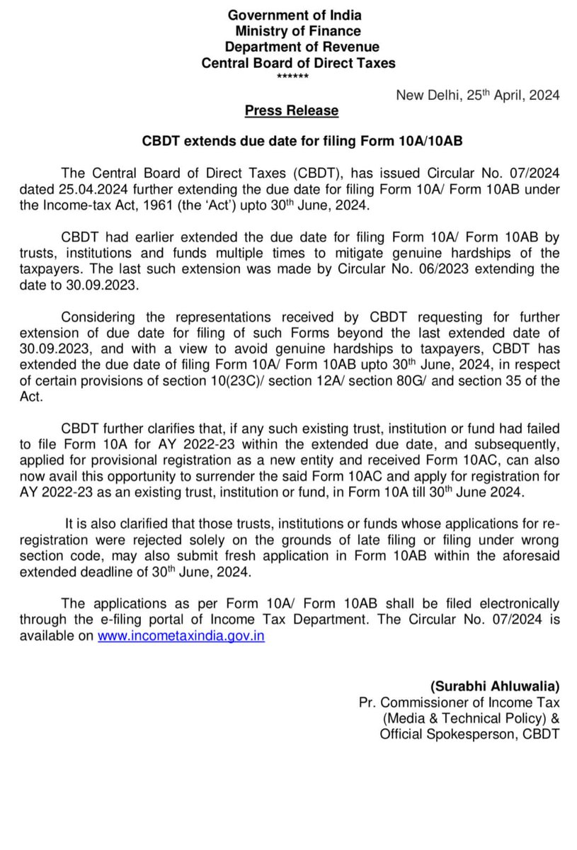 CBDT further extends time limit to 30th June 2024 for filling Form 10A/10AB beyond extended time limit of 30th Sept 2023

#IncomeTax