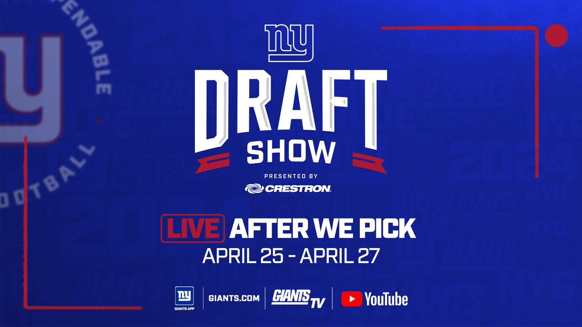 Watch live reactions and analysis immediately after we pick! Giants Draft Show streaming on Giants.com, Giants App, @GiantsTV, and YouTube. 🎥: nygnt.co/yt