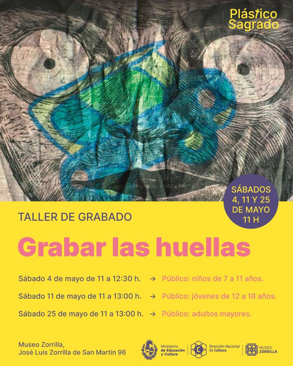En el marco de la exposición "Plástico Sagrado" presentamos talleres de grabado a cargo de la artista Natalia Nuñez Erhardt.
Actividad gratuita .Todos los materiales están incluidos.
Cupo: 10 personas por taller
Con inscripción previa escribiendo a info@museozorrilla.gub.uy