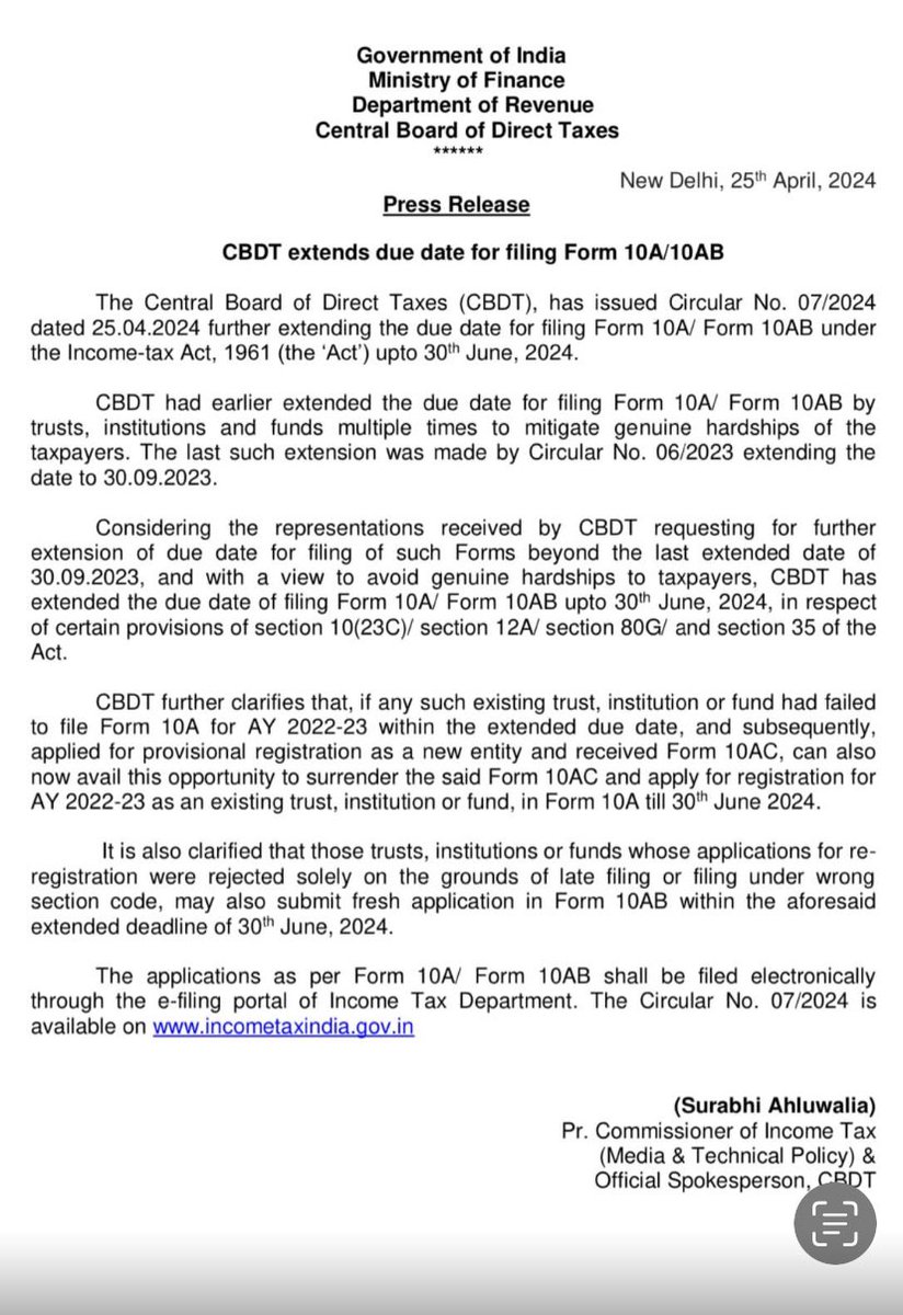 CBDT extends date of 10A/10AB