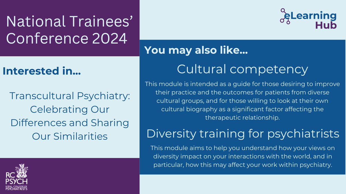 Missing today's workshop on transcultural psychiatry at the National Trainees' Conference 2024?

Check out our related CPD content available on the eLearning Hub. 

Cultural competency 🔗bit.ly/3xOB9ce
Diversity training 🔗bit.ly/49RJR6K

#NextGenPsychiatry