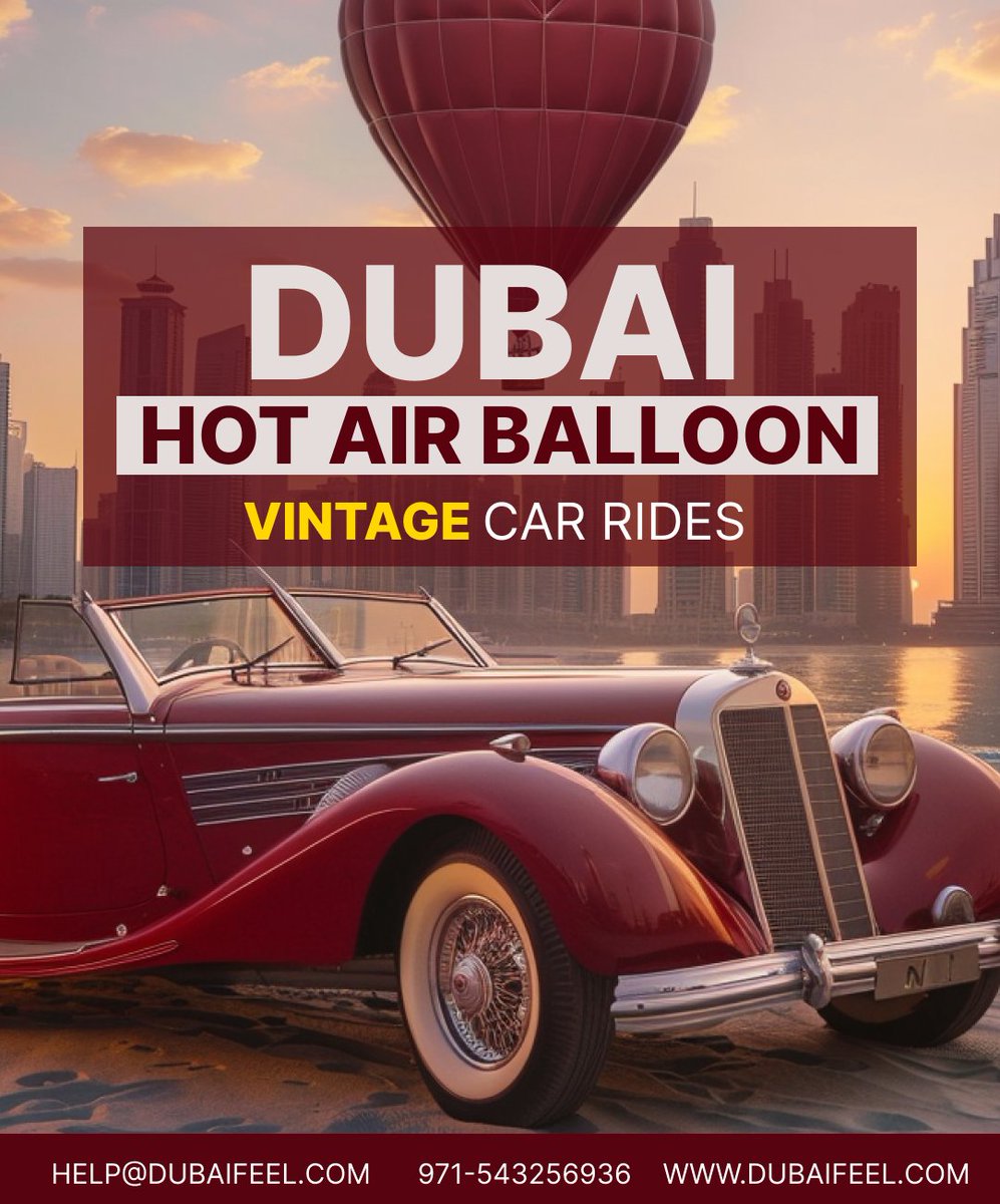 'Dubai Dreams: 🎈 Hot Air Balloon Flights & Vintage Car Rides Experience!
 Follow us for more exciting adventures!
Instagram: @dubaifeel 
Facebook: /dubaifeel.com
Twitter: @DubaiFeel 
#DubaiDreams #HotAirBalloon #VintageCarRides #ExploreDubai #AdventureAwaits