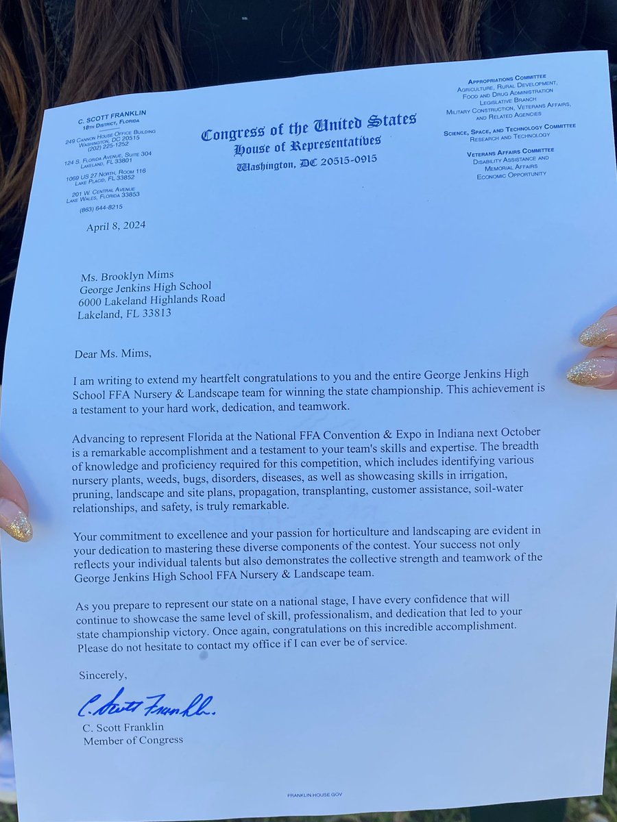 Special thanks to Congressman Scott Franklin (@RepFranklin) for sending individual letters to our State Champion Nursery winners! Congressman Franklin sent individual letters to State Champions Kacie Anderson, Jenny Otero, Brooklyn Mims, Charleigh Wood and advisor Kyle Carlton!