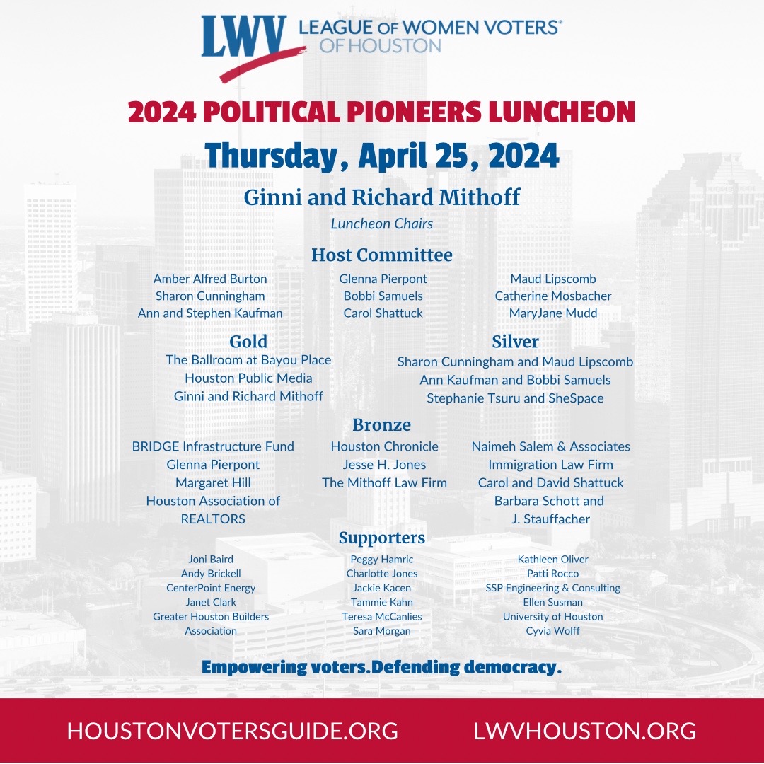 The 2024 Political Pioneers Luncheon is here! Thank you to all of our generous sponsors and partners that make it possible for us to empower voters and defend democracy every day in Houston! #lwvhouston #houstonphilanthropy #houstonnonprofit