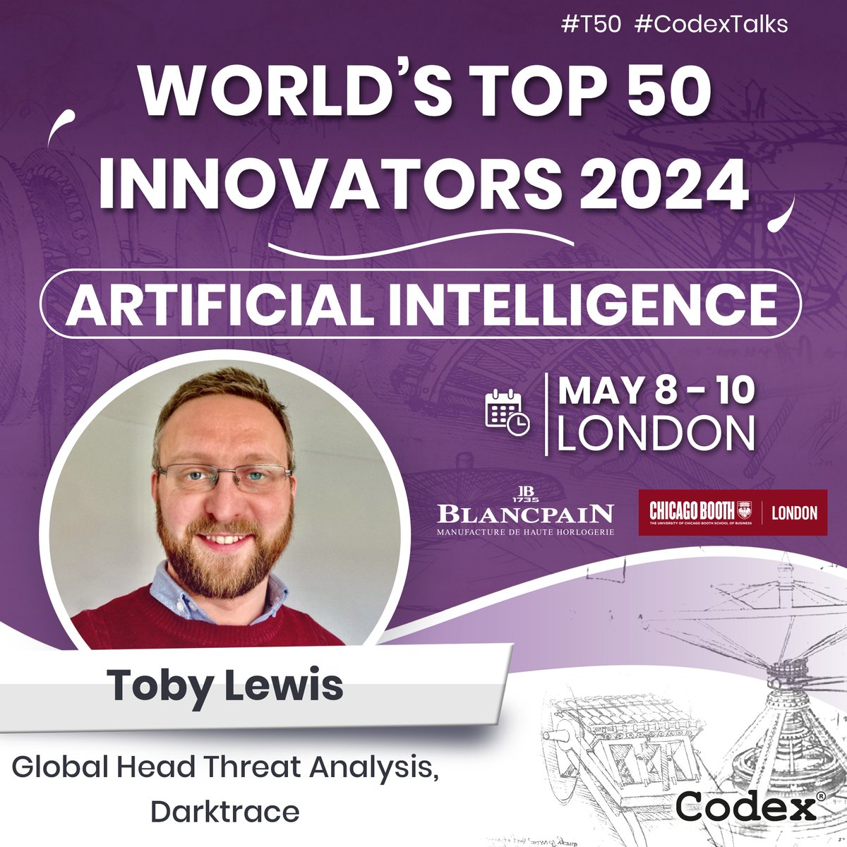 codexworld's tweet image. Come and meet @tobaslouis @Darktrace  at the World&apos;s Top 50 Innovators 2024 in London in the #ArtificialIntelligence session on Wed 8th May

Come and join us..! Tickets and 3-day event schedule: codex.com/worlds-top-50-…

#T50 #CodexTalks #AI #cybersecurity #technology #innovation