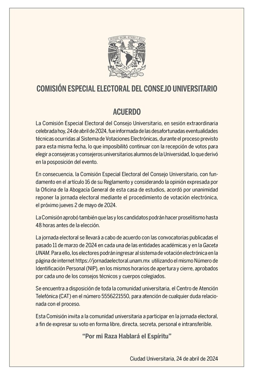 Acuerdo de la Comisión Especial Electoral del #ConsejoUniversitarioUNAM. #Contraportada @Gaceta_UNAM > bit.ly/3xMnxho