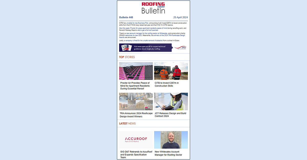 📢 OUT NOW! 📰 Bulletin 448: roofing-today.co.uk/cr/AQi2sAMQ95D… @proctorgroup's Proctor Air utilised in #reroof project; @CITB_UK invests in #construction #skills; @TrussedRafter Roofscape Design Awards winners; new @WhitesalesUK account manager for #roofing sector; @CRASHcharity new CEO ++