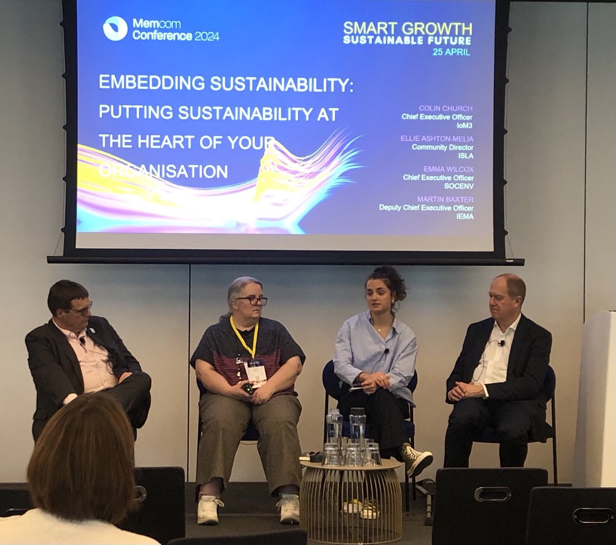 Embedding sustainability session at MemcomConference2024 - ‘how can international member events be sustainable?’ ⁦@DrColinChurch⁩ ‘you have to weigh up the benefits and what you can do to mitigate environmental impact’ #memcom #sustainability #eventsmanagement