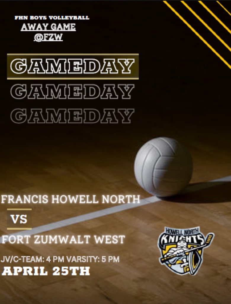 💛🖤 Francis Howell North Boys Volleyball Gameday💛🖤

Howell North Knights vs Zumwalt West Jaguars

📍FZW
⏰  C Team/JV 4:00 & Varsity 5:00 
#uKNIGHTed