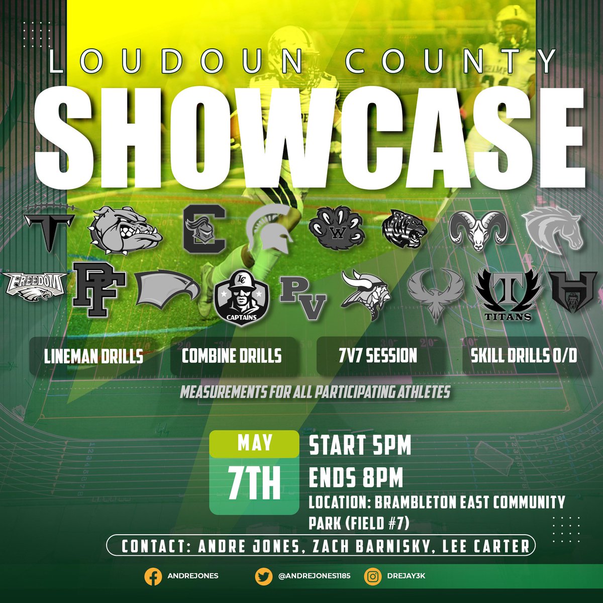 🗣PSA: The 1st football showcase for Loudoun County will occur on May 7th from 5-8pm at Brambleton East Community Park. C/O 24s, 25s, and invited 26s are encouraged to participate. There is no cost to participate and all colleges are welcome! forms.gle/xsVJTaYNXkNRku…