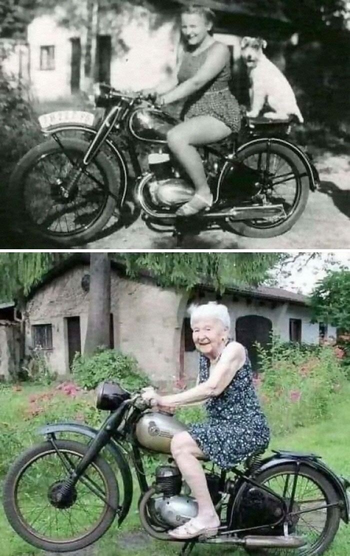 Same motorcycle, same women, 72 years old After