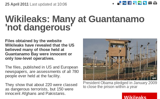 #Gitmofiles BBC: 'Files obtained by Wikileaks revealed that the US believed many of those held at Guantanamo Bay were innocent' @BBCNews [2011] UK court decision on extradition: Mon 20 May 2024 #FreeAssangeNOW bbc.co.uk/news/world-us-…