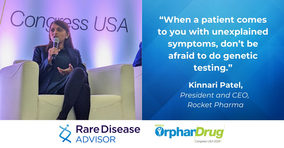 #WorldOrphanUSA: Encouraging #GeneticTesting can cut the time to diagnosis & help patients find appropriate treatments more quickly, Kinnari Patel, president & CEO at @RocketPharma, said at the @OrphanConf USA 2024. Read more➡️brnw.ch/21wJaA0 #RDAatWODC #OrphanDrugUSA