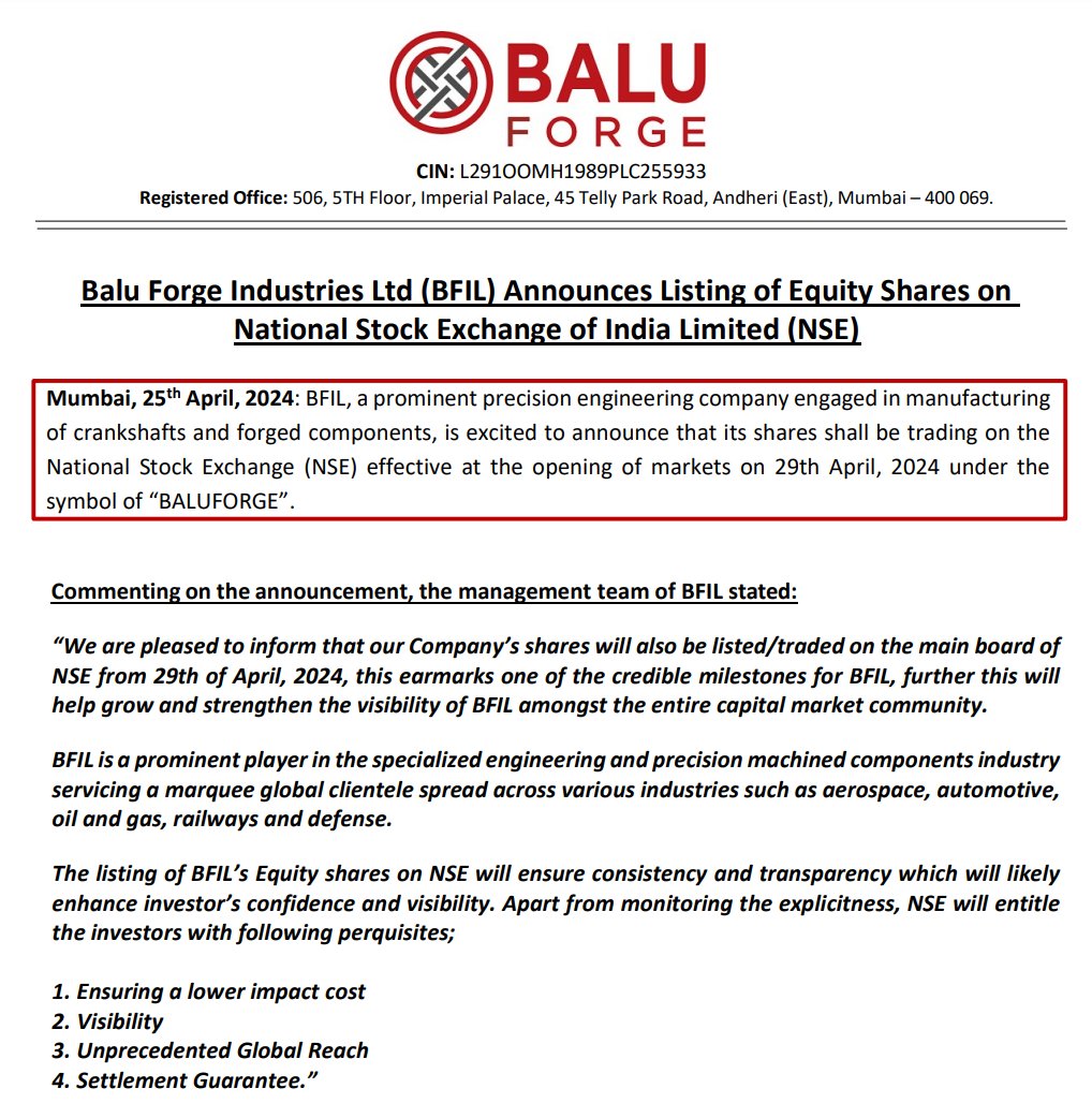 #BaluForge to be listed on NSE on 29th April 2024

NSE: BALUFORGE