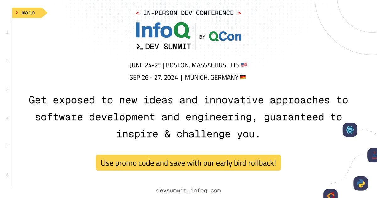 🚀 Due to popular demand, we’re extending the early bird dates for #InfoQDevSummit Boston and Munich by two weeks. 👉 Save $100 for Boston with code LIMITEDOFFERIDSBOSTON24: bit.ly/3w6PiRu 👉 €75 for Munich with code LIMITEDOFFERIDSMUNICH24: bit.ly/3UyLzp6