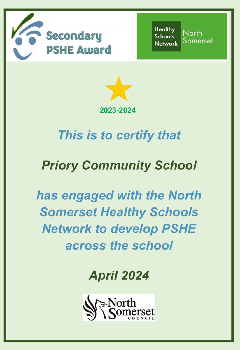 Delighted to announce that we have been recognised for engaging with the Healthy Schools Network across North Somerset to achieve the North Somerset Secondary PSHE Award! 🟣🟢🌟@NorthSomersetC @Priorycsa @AngelosMarkout1 @MissKAaron