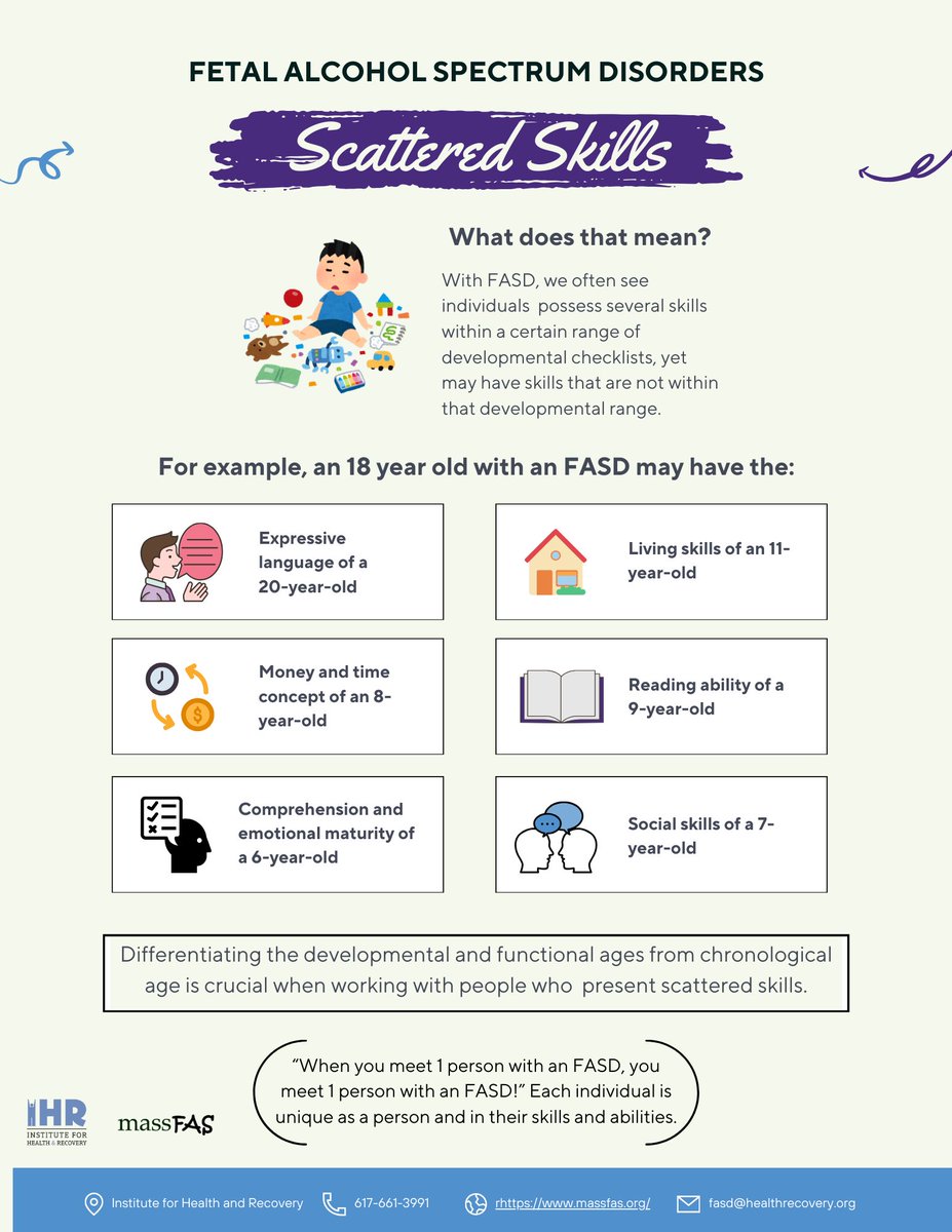 People with FASDs often present with scattered skills. Chronological age does not define an individual! Looking at their developmental and functional ages are key! Each person is unique and has different strengths and deficits. 🔑🧠🧑‍🏫 #fasd #fasdrespectact #disabilityawareness