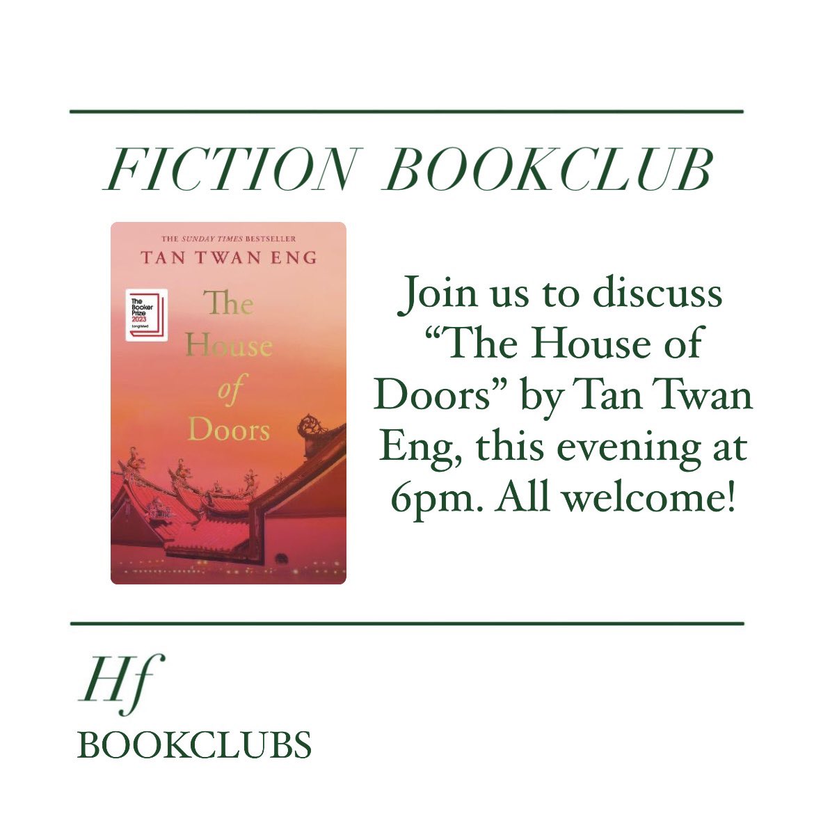 Fiction Book Club reminder for tonight. 6pm, all welcome!