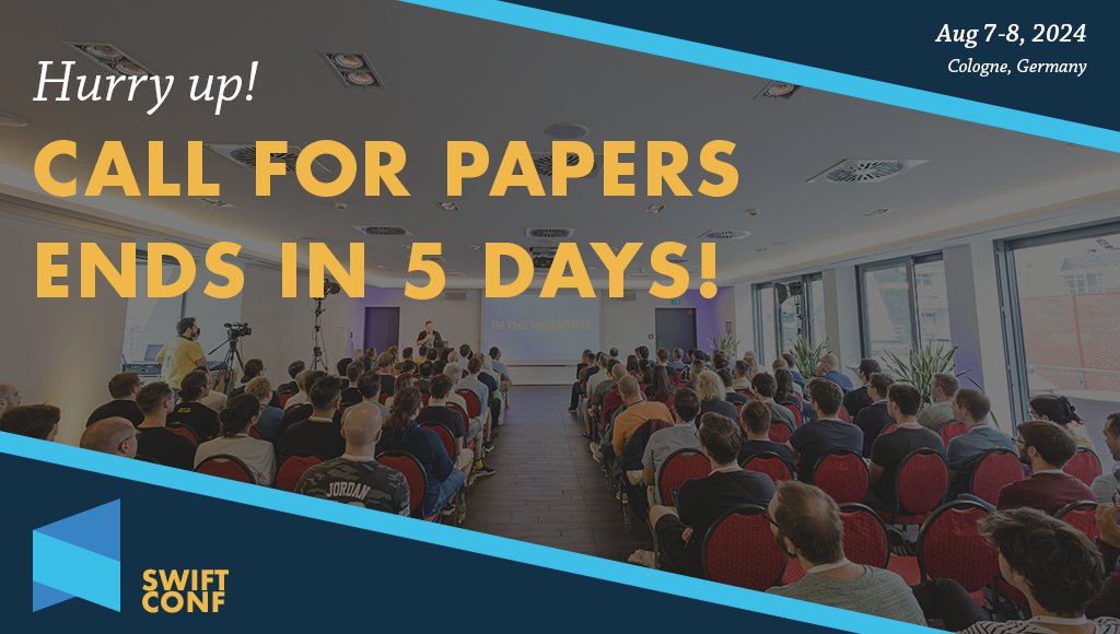 SwiftConf's tweet image. 📢 Only 5 days left to submit your proposals for #SwiftConf 2024! 🚀 Don&apos;t miss this opportunity to share your insights and expertise with our community. Submit your talk ideas and a short bio to 💌 contact@swiftconf.com before the Call for Papers closes! #CallForPapers #SwiftUI