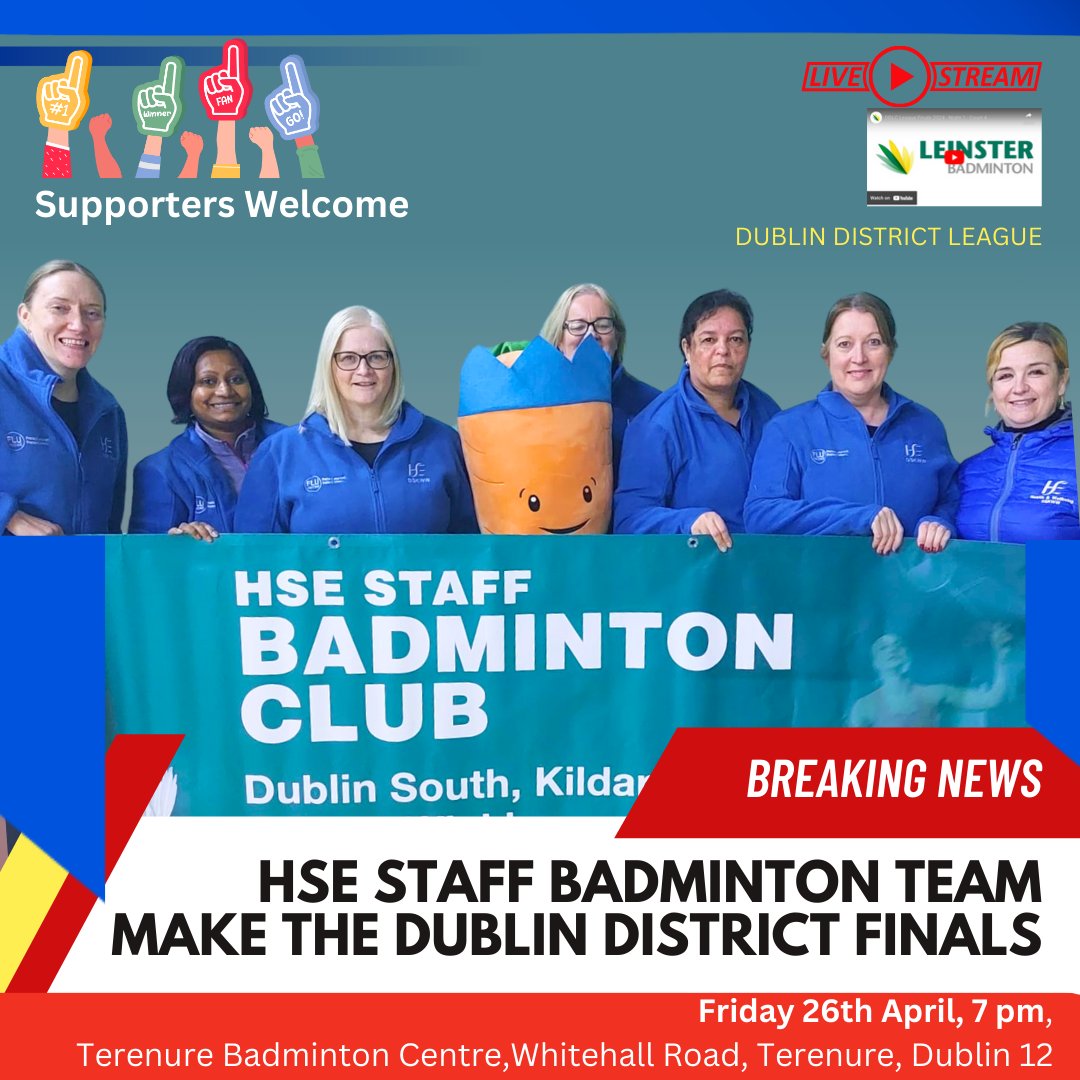 Please join me in wishing HSE Staff Badminton Team the very best of luck in the Dublin District Finals. Supporters are more than welcome to come along and support. Any staff who are interested in joining the team can contact sarah.walshe3@hse.ie @HW_DSKWW @HealthyIreland